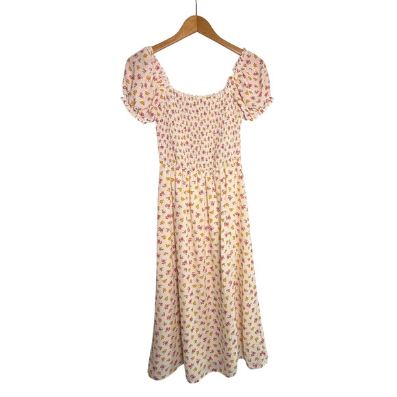 Altar'd State Dresses & Skirts - Altar'd State Floral Smocked Midi Dress Cream Red Orange Puff Sleeve Medium